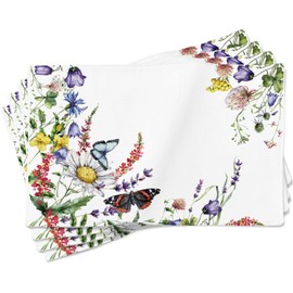 Denutse Placemats Set of 4, Author Work, Double-sided, Butterfly, Eco, Flowers, Spring, Summer, 100% Cotton, 13x19 inch, Meadow, Washable Table Place Mat