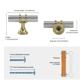 Haliwu 20 Pack Brushed Nickel Cabinet Knobs, Gold Cabinet Knobs Kitchen Handles Knobs Gold Kitchen Hardware Knob, 2 inch(50mm) Single Hole Knob T Bar Knob for Drawer Dresser