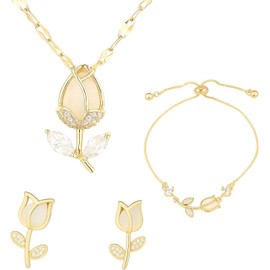 Juego de 3 Piezas de Tulipán para Mujer: Collar con Dije, Pulsera y Aretes Bañado en Oro - Joyería Elegante Versátil