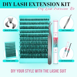 Lash Extension Kit 200pcs Individual Lash Clusters Kit 50D Eyelash Extension Diy D Curl Cluster Lashes Kit with Cluster Lashes Wispy,Waterproof Lash Bond and Seal,Eyelash Extension Tweezers