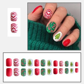 24Pcs Christmas Press on Nails Short Square - MINGCHUN Fake Nails with Christmas Tree Cane Design False Nails Cute Christmas Nails Acrylic Nails Full Cover Glue on Nails Stick on Nails for Women Girl