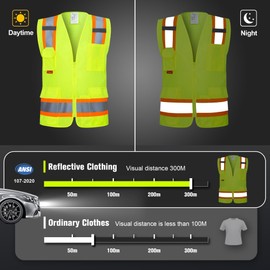 ProtectX High Visibility Reflective Safety Vest for Men Women Hi Vis Work Construction Vest with Pockets Class 2 Zipper Front Meets ANSI Standards, Green, Medium