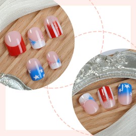 4th of July Press on Nails Glossy Blue Glitter Stick on Nail American Flag Fake Nails 24Pcs Short Square Acrylic Full Cover False Nail Fourth of July Gel Glue on Fingernails for Holiday Manicure Art