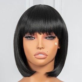 ToyoTress Black Bob Wigs With Bangs - 10 Inch Yaki Straight Hair Daily Costume Wig For Black Women, Soft Short Synthetic Hair Replacement Wigs Heat Resistant (10 Inch, 1B-613H)