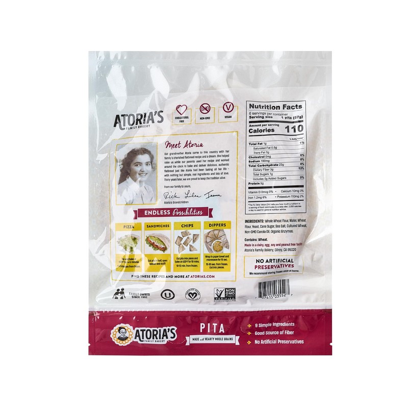 Atoria's Family Bakery Whole Grain Pita Flatbread 8 Pack |