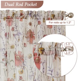 Lecloud Crushed Short Sheer Curtains 24 Inch Length 2 Pcs, Printed Cafe Kitchen Curtains for Small Windows, Rod Pocket Half Curtain Tiers for Bedroom Living Room Bathroom, 42" W x 24" L