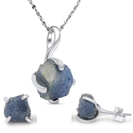 Real raw blue sapphire jewelry set with 925 sterling silver real gold plated birthstone necklace and earring set gift for her by Uniquelan Jewelry (Blue Sapphire, white-gold)