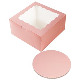 qiqee 10x10x5 Cake Box, 18 Sets Pink Cake Box with Window ＆ 18 Sets 10" Pink Cake Round Boards, 10inch Cake Containers