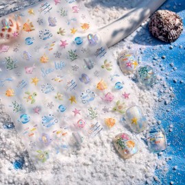 Summer Nail Stickers 5D Embossed Sea Ocean Nail Decals for Nail Art Designs Self Adhesive Fish Starfish Turtle Nail Art Stickers Ocean Theme Nails Supllies for Women Nail DIY Decorations