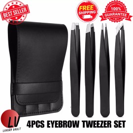 Luxury Vault Tweezers Set 4-Piece Professional Stainless Eyebrow Hair Pluckers Eyelash +Case