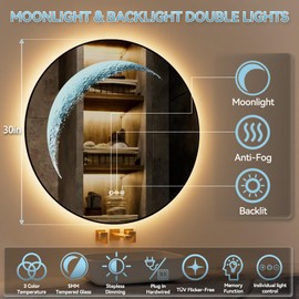 Black Round Mirror 30 inch, Circle Framed Mirror with Backlit & Half Moon Light, Anti-Fog, 3 Color Modes, Dimming Wall-Mounted LED Mirrors for Bathroom, Home Decor, Bathroom, Entryway