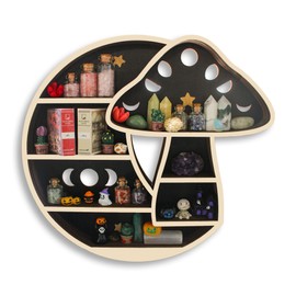 FNYDOX Cute Mushroom Decor, Wooden Mushroom Floating Shelves for Wall, Moon Shelf Wall Decor Crystal Rock Gem Stone Display Shelf, Trinket Knick Knack Shelf, Mushroom Gifts for Mushroom Lovers