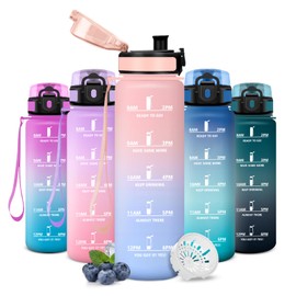 JAPORIA Borraccia 500 ml, Borraccia con Indicatore del Tempo, Riutilizzabile, Senza BPA, Inodore, Design a Bocca Larga, Bottiglia con Filtro per Scuola, Ufficio, Sport