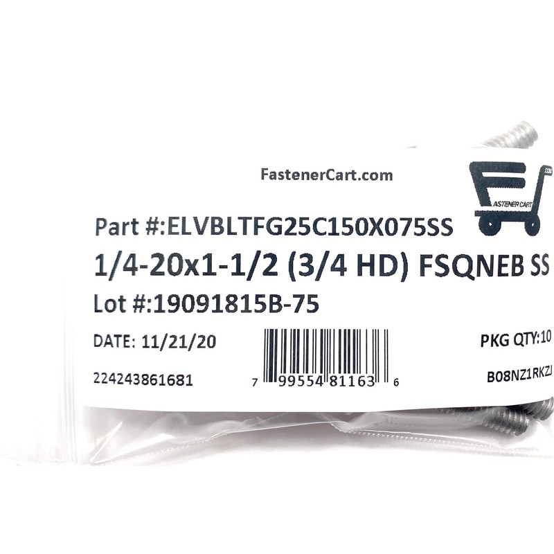 (10) 1/4-20x1-1/2 Stainless Steel Fanged Elevator Bolt Square Neck (3/4