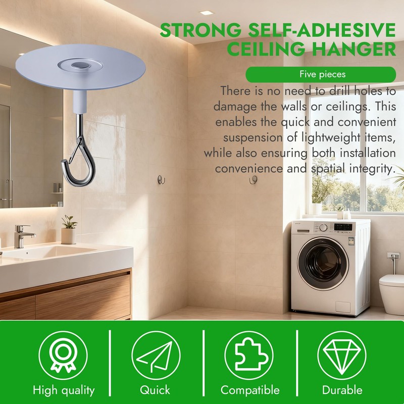HCTCPALS 5-Pack Heavy Duty Adhesive Ceiling Hooks – No Drill,