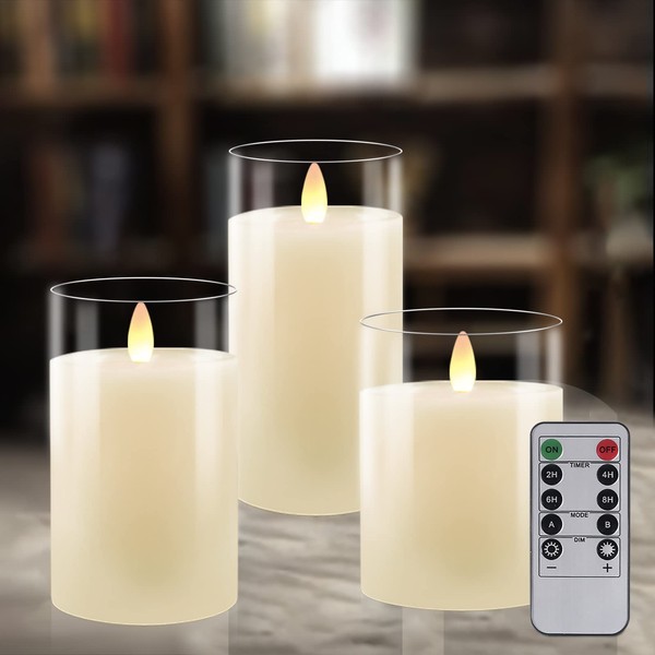 Flameless Candles Battery Operated Candles Real Wax Pillar LED Glass Candle Flickering Dancing Wick Tea Lights Votive Candles with 10-key Remote and Cycling 24 Hours Timer 4" 5" 6" Set of 3 Warm White