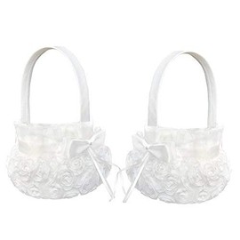 AmaJoy Romantischer Blumenmädchen-Korb mit Schleife, Rosen-Design, 13 cm, Satin, für Hochzeit, 2 Stück
