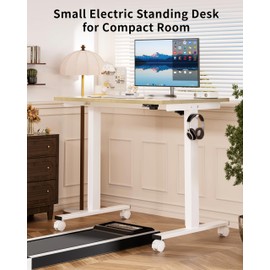 Okin Small Electric Standing Desk, 36" x 24" Whole Piece Height Adjustable Desk, Oak Sit to Stand Computer Workstation with Wheels for Home Office