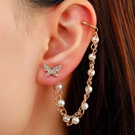 Yienate Unique Butterfly Earring Stud Earrings Single Pearl Earring Cuff Earrings Climber Crawler French Tassel Earrings for Women and Girls, Alloy Steel