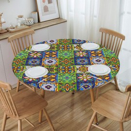 WOAIDY Elastic Round Fitted Tablecloth, Fit Mexican Talavera Design, Stretchable Polyester Fabric for Kitchen, Dining Party Decor, 40"- 44" Table Cover (Small)