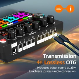 F999X Live Sound Card, Professional Audio Mixer & Noise Reduction, Electronic Music Adjustment & Battery Display, Audio Interface & Voice Changer, RGB Effects, DJ Mixer for Gaming/Podcasting/Karaoke