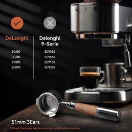 VINATO 51 mm Bottomless Portafilter - Stainless Steel Filter Holder Compatible with DeLonghi EC680 / EC685 / EC885 / EC890 - Portafilter with 1 Cup Splicing Handle Made of Walnut Wood and Stainless