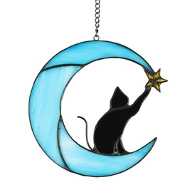Zedesey Stained Glass Cat on Moon Pick Star Window Hanging Suncatchers Cat Memorial Gift Cat Decor Cat Lover Gifts for Women (Black Cat on Blue Moon)