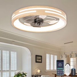 HOMECHOOSE Ceiling Fans with Lights and Remote, 20'' Low Profile Ceiling Fan with App & Voice Control, Fandelier Ceiling Fan with Light for Bedroom, Living Room (White+Wood Grain)