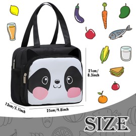 LHLZNB Lunch Bag Insulated Lunch Bag for Women Lunch Cool Bag with Front Pocket Portable Thermal Leak-Proof Lunch Bags for Women Girls Children School,Picnic Organizer for Work (Black Panda)