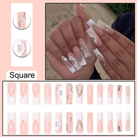 White Press on Nails Long Square BAOYAALIN, Rhinestones Fake Nails with 3D Butterfly Design Gel Glue on Nails for Women Girls Full Cover Acrylic Artificial False Stick on Nail for Wedding 24Pcs