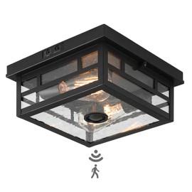 CALOKES Outdoor Flush Mount Motion Sensor Ceiling Light - Timeless Industrial Design with Seeded Clear Glass for Your Porch, Driveway, Covered Patio, Farmhouse, and Entryway