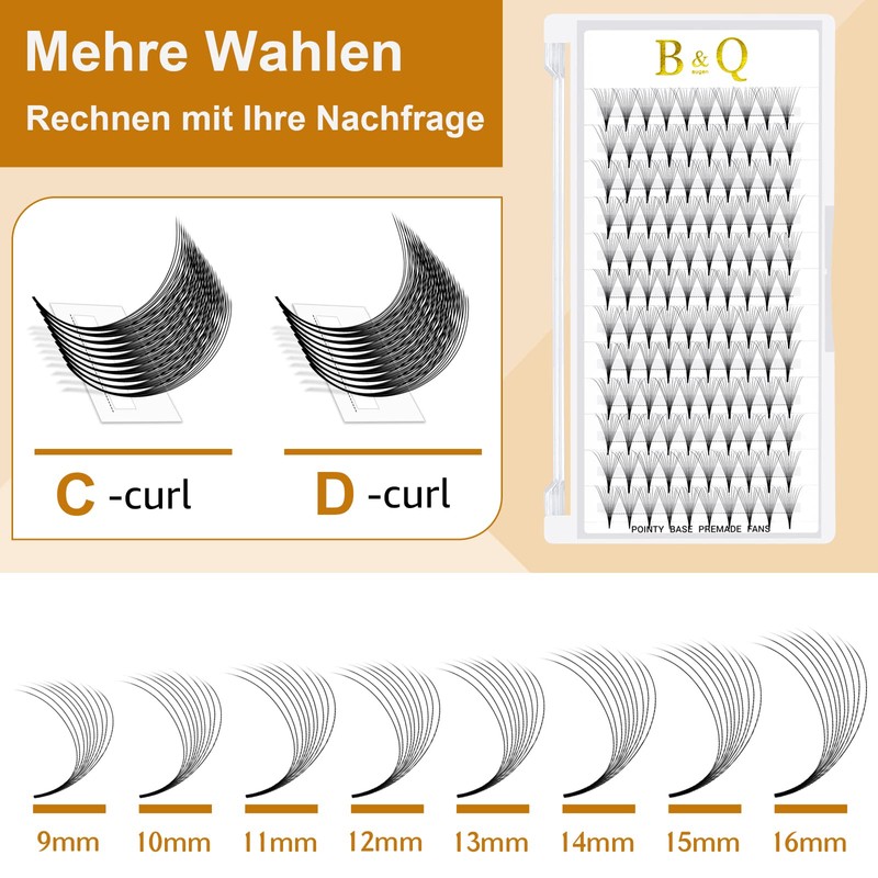 B&Q Eyelash Fans, 10D-C-0.07-11 Eyelash Extensions, Ready-to-Use Eyelashes, Fan, 0.07