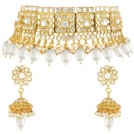 Aheli Indian Traditional Jewelry White Kundan Choker Necklace Earring Jewelry Set Gift for Women