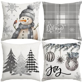 Miaikoe Christmas Cushion Covers 45x45 cm Set of 4, Decorative Farmhouse Snowman Joy Believe Christmas Tree Grey Pillow Covers for Winter Holiday Home Decor Decoration