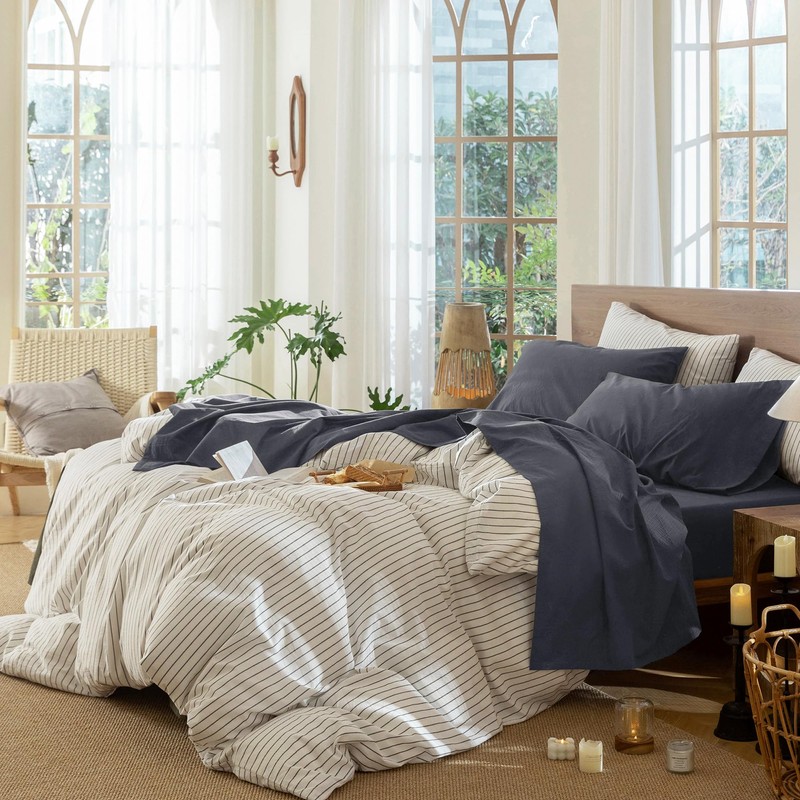 MooMee Bedding Sheet Set 100% Washed Cotton Linen Like Textured