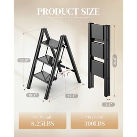 GameGem 3 Step Ladder, Folding Step Stool with Wider Pedal, Anti-Slip Feet & Non Slip Stripes, Aluminum Sturdy Material, 300Lbs Capacity, Elegant Look of Piano Black Better Matches Your Home