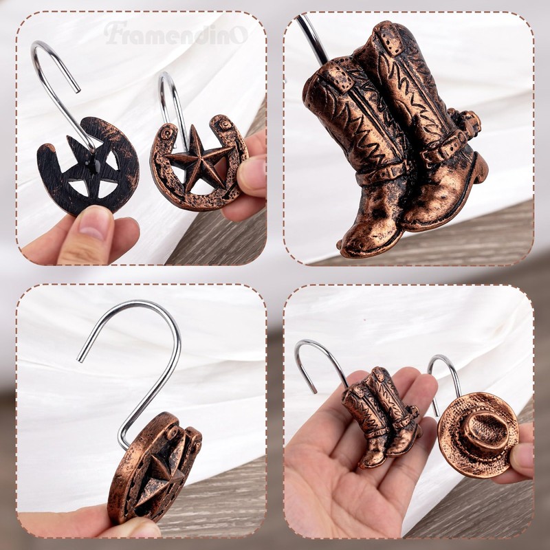 Framendino, 12 Pack Western Cowboy Pendant Shower Curtain Hooks Stainless