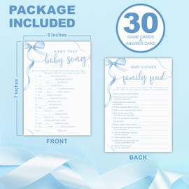 5"X 7" Baby Shower Games Kit, 30 Pcs Blue Bow Baby Song & Family Feud Two-In-One Game Cards With Answer Card, For Parents-To-Be, Baby Announcement, Gender Reveal, Party Favor & Decorations - F10