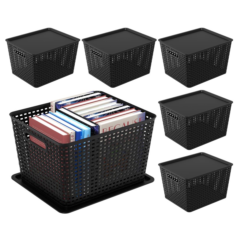 Ggbin 6-Pack Large Plastic Weave Basket with Lid, Black Storage