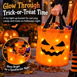 LED Halloween Trick-or-Treat Bucket for Candy – Collapsible Polyester Light-Up Basket for Parties & Holiday Decor