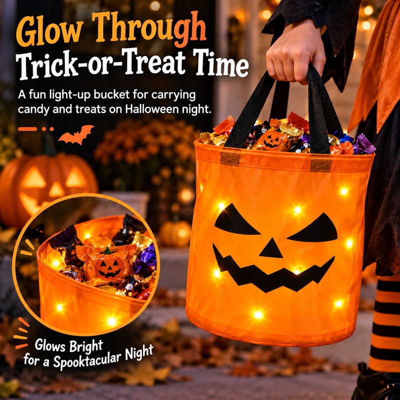 LED Halloween Trick-or-Treat Bucket for Candy – Collapsible Polyester Light-Up