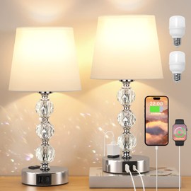 Bedside Lamps for bedrooms Set of 2 Nightstand - Crystal Table Lamps with USB C Charging Ports and AC Outlet, 3 Way Dimmable Touch Control Silver Small Bed Side Table Lamp for Living Room/Guest Room