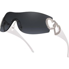 FEISEDY Rimless Y2K Sunglasses Heart for Women Men Fashion Futuristic Wrap Around Oversized Trendy Shield B2981 - Colour: Black Grey, Lens Width: 162 Millimeters