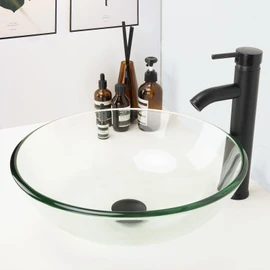 YIMAI Ingenuity Design Vessel Sink Bathroom Sink above counter Small Vessel Sink Bathroom Sink Bowl Countertop Modern Sinks with faucet and drain combo 16.5" Round Transparent New