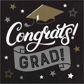 Trendware Glamorous Congrats Grad Black and Gold Graduation Napkins, 48 ct