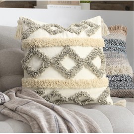 Pyonic Boho Throw Pillow Covers 18x18 Woven Tufted Decorative Pillow Covers with Tassel,CR-White,Gray