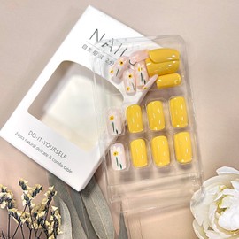 LOPMNGHT Summer Press On Medium Length Flower False Nails with Design Full Cover Square Acrylic Yellow Stick On Glue On Nails for Women Manicure Kit 24Pcs