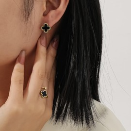 Qitian 18K Gold Four Leaf Clover Earrings for Women Black Lucky Link Clover Earrings, Trendy Earrings Set Jewelry Gifts for Women.