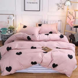 Freyamy Bed Linen, 135 x 200 cm, 2-piece Pink and Black Hearts Bed Linen Sets, Soft, Brushed Microfibre, Reversible, Romantic Duvet Cover with Zip and Pillowcase, 80 x 80 cm