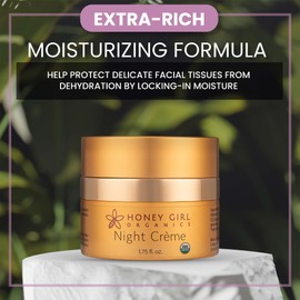 Honey Girl Organics Night Crème, USDA Certified Organic Facial Night Cream with Hydrating Honey*, Beeswax*, Essential Oils and EVOO. It Softens Skin, Reduces the Appearance of Wrinkles (1.75 oz) *naturally contains pollen, propolis & royal jelly